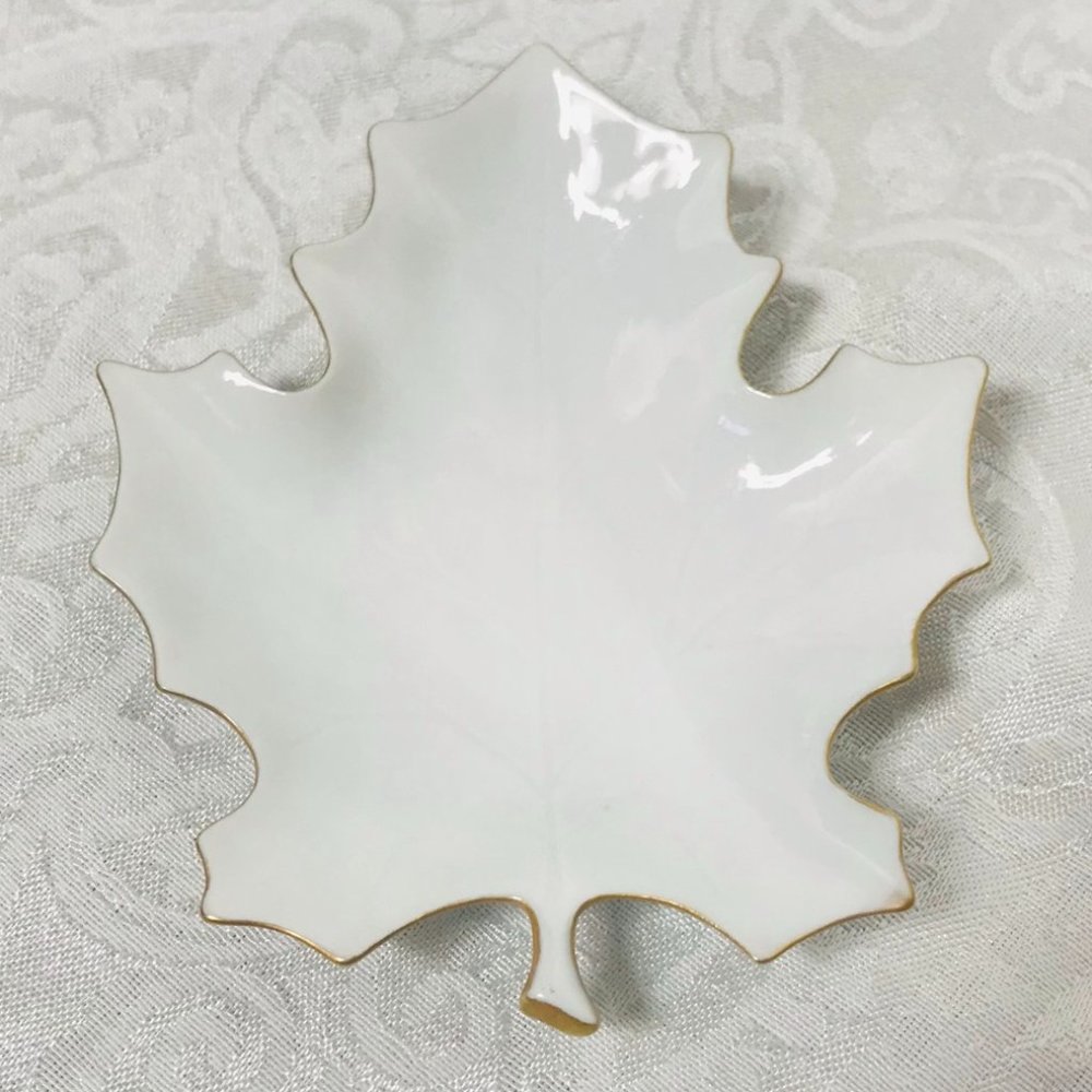 Vintage Porcelain Leaf Dish with Gold Trim